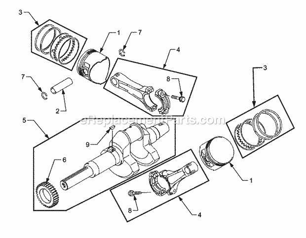 Pistons And Crankshaft Diagram and Parts List for 5254E 54AE542-710, 54BE542-710, 54CE542-710 Cub Cadet Lawn Tractor